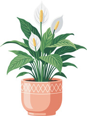 A vibrant illustration of a potted peace lily plant, showcasing its blooms and foliage.