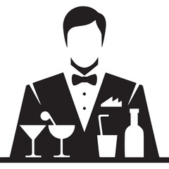 A black and white silhouette of a waiter holding a tray with drinks and a bottle on a light background on transparent background