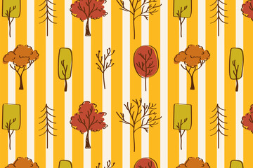 Seamless autumn tree pattern with yellow stripes. Repeating pattern of stylized fall trees over vertical yellow and white stripes. Great for seasonal wrapping paper, fabric prints