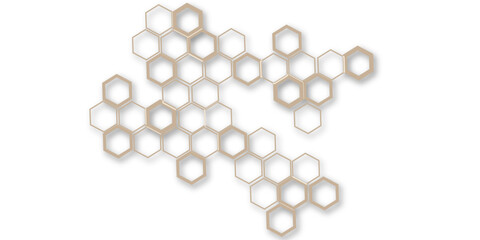 An abstract arrangement of interconnected hexagonal shapes in subtle beige and white, with thin outlines and soft shadows, creating a modern, minimalist honeycomb pattern on a clean white background.
