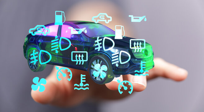 Stock photo of a digital car with illuminated warning lights and indicators.  Perfect for automotive technology and maintenance.