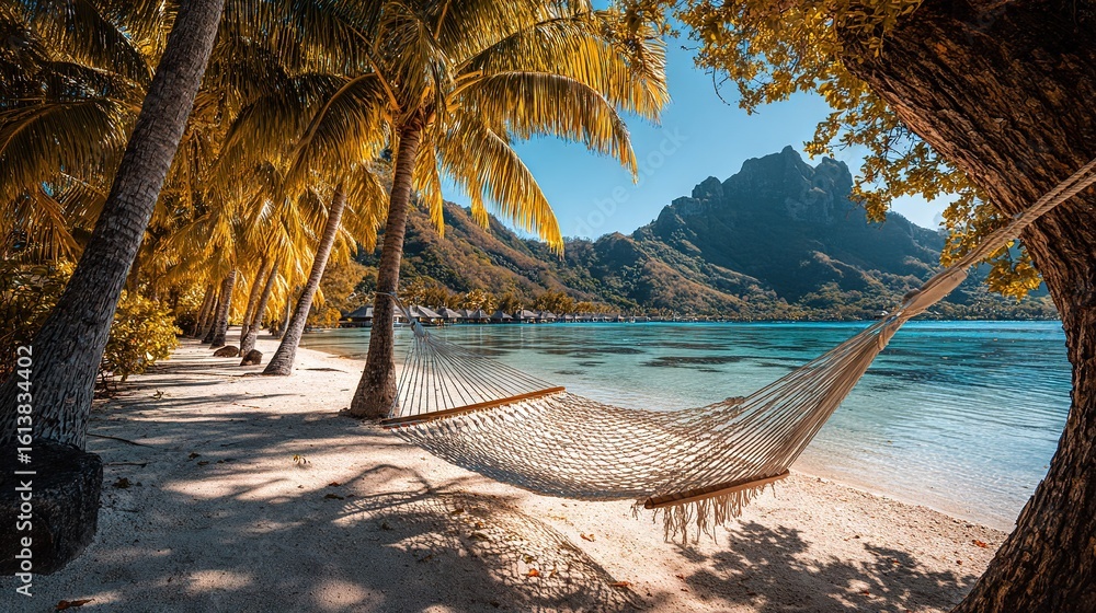 Poster hammock dangling between palms on a beach, with azure water and mountain range as backdrop