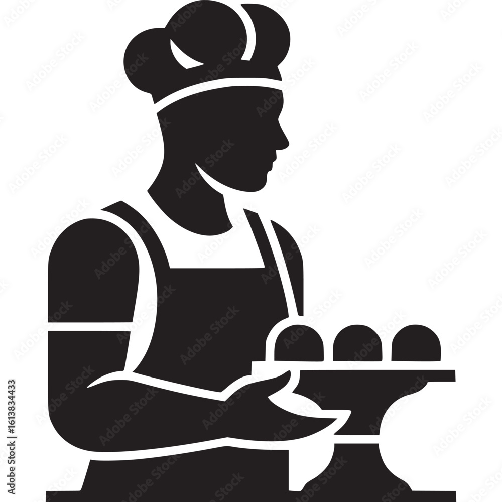 Poster silhouette of a chef holding a tray with three round objects on a stand in black and white style on 
