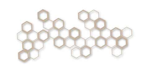 An abstract arrangement of interconnected hexagonal shapes in subtle beige and white, with thin outlines and soft shadows, creating a modern, minimalist honeycomb pattern on a clean white background.