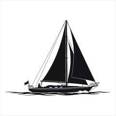 Black silhouette of a sailing yacht with full sails on wavy water sailboat black and white