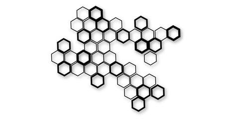 An abstract arrangement of interconnected hexagonal shapes, featuring a mix of bold black outlines and thinner black outlines, casting subtle shadows on a clean white background, 