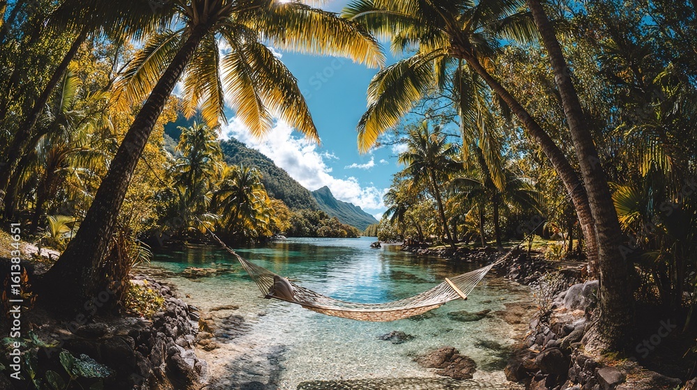Poster hammock dangles between palms on water's edge, with mountain in the backdrop
