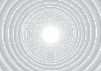 Obraz premium A white circular tunnel with repetitive rings leading to a bright light at the end.