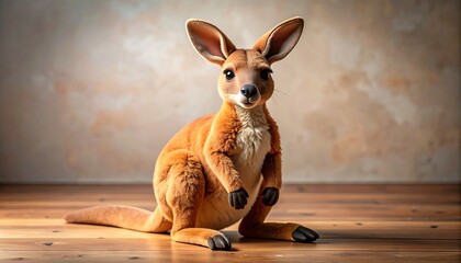 Upright Kangaroo Posing Frontally on Wooden Floor with Cream Colored Background