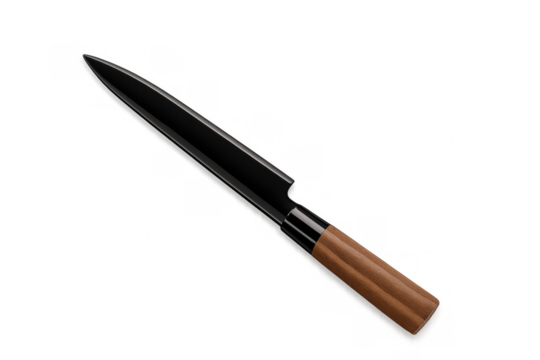 Professional santoku knife with wooden handle lying on a transparent background, ideal for cooking and food preparation - Powered by Adobe