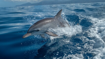 A dolphin leaps gracefully out of the ocean's surface.