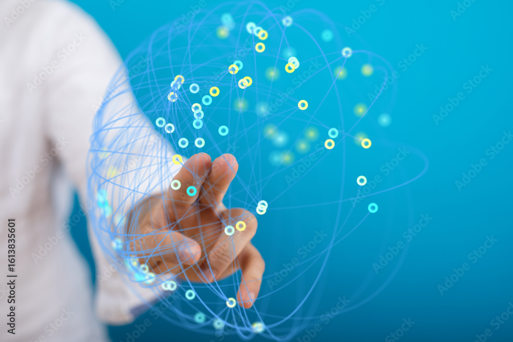 Poster hand interacting with a digital network, representing connection and technology.