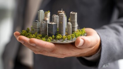 Miniature city model held in a hand