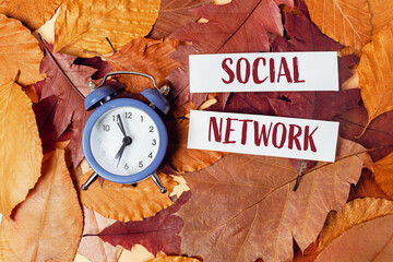 Vintage alarm clock on autumn leaves with social network text for seasonal marketing concepts