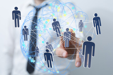 Image of a hand interacting with a network of people, symbolizing teamwork, collaboration, and...