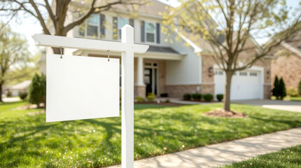 Blank Real Estate Sign in Front of New House. blank white real estate 'for sale' sign prominently displayed on a white wooden post in the foreground. The sign is positioned in front of a modern