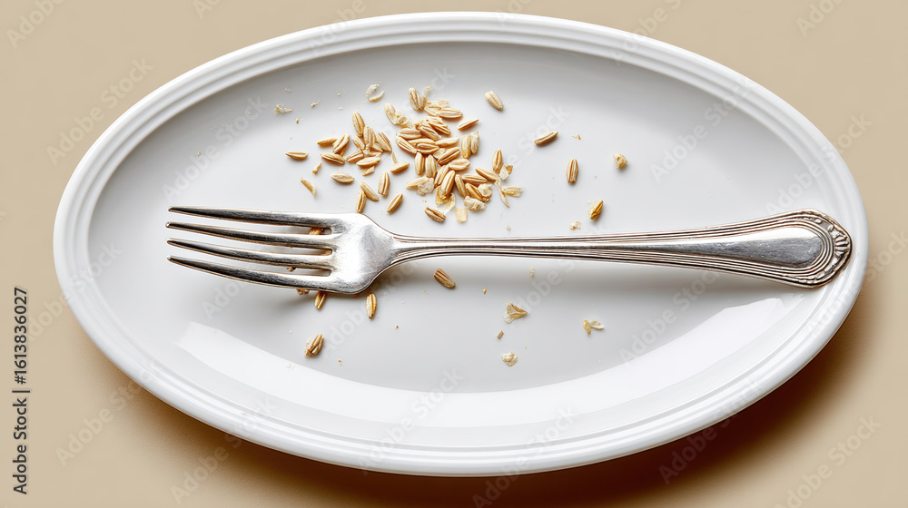 Poster simple place setting featuring silver fork on white plate, with scattered grains adding touch of tex