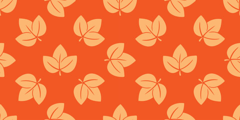 Simple autumn print with yellow leaves on orange background. Colorful fall foliage seamless pattern. Continuously fill for textile, paper, design, vector graphic