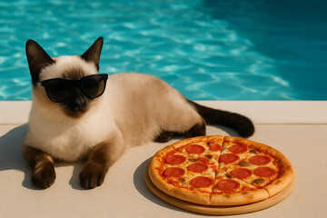 Siamese cat in sunglasses lies next to a pepperoni pizza on a white surface by a blue pool