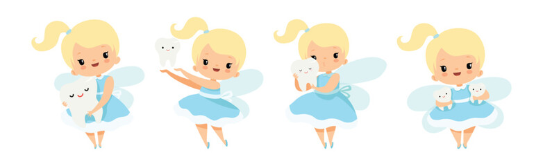 Tooth Fairy Blond Little Girl In Blue Dress with Wings And Baby Teeth Vector Set
