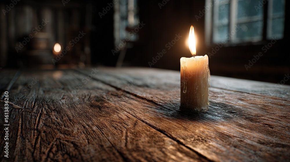 Poster a candle on a wooden table in a dark room with a window in the background and another candle in the 