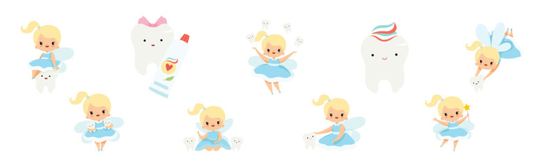 Tooth Fairy Blond Little Girl In Blue Dress with Wings And Baby Teeth Vector Set