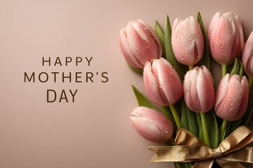 Fototapeta premium Fresh pink tulips decorated with dew drops and a golden ribbon create a perfect floral gift to celebrate Mother's Day.