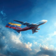 A plane flying over the blue sky of Venezuela