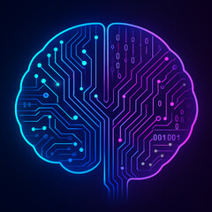 Stylized digital brain illustration with neon circuitry in blue and purple, glowing connections, and binary code. Dark background enhances the tech-inspired fusion of mind and machine.