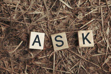 Wooden letter blocks spelling ASK on a textured background of dried grass and straw