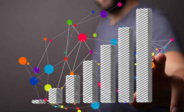 3D bar chart showing business growth, connected data points.  Ideal for finance, marketing reports.