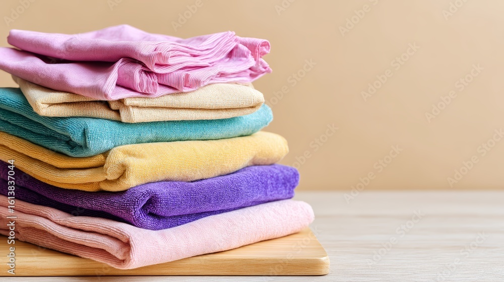 Aufkleber cozy pastelcolored towels stacked neatly on light wooden table with soft beige background creating i