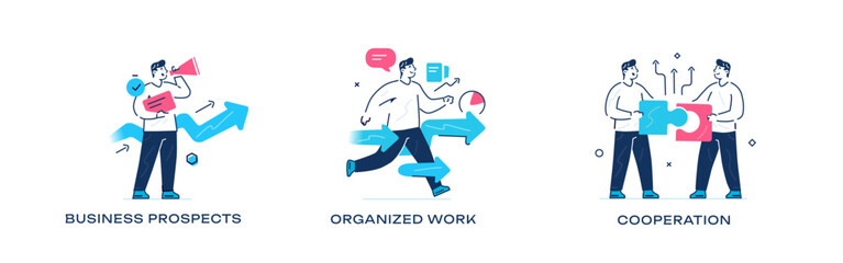 Set of illustrations concept with businessmen. Workflow, growth, graphics. Business development, milestones. linear illustration Icons infographics. Landing page site print poster