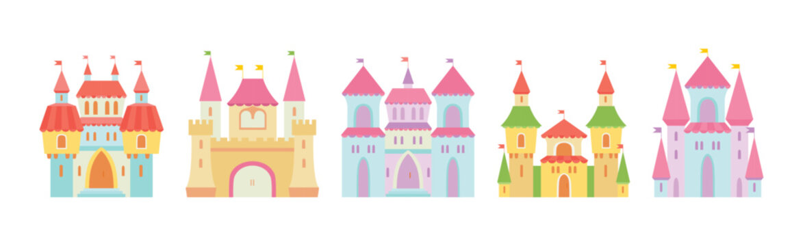 Little Princess Royal Castle with Tower and Flags Vector Set