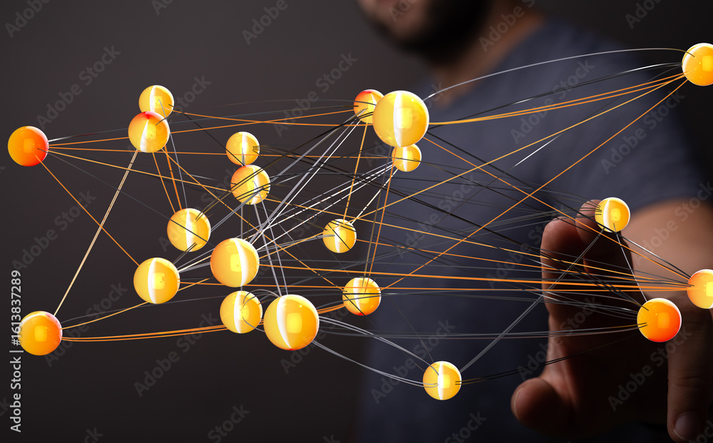 Poster abstract image of interconnected spheres, representing global networking, data connections, and digi
