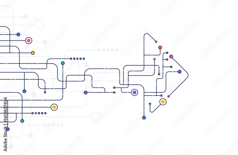Poster complex arrow-shaped map with multicolor circuit lines and symbols, representing progress, connectio