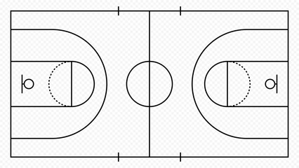 Basketball court layout in top view with clear markings and court lines