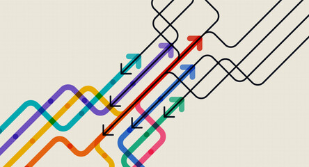 Curved and straight arrows in multiple colors on a beige grid background, representing pathfinding, complex decisions, and abstract business strategies.