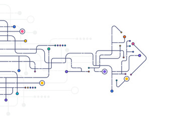 Complex arrow-shaped map with multicolor circuit lines and symbols, representing progress, connection, and strategic direction on minimal background.