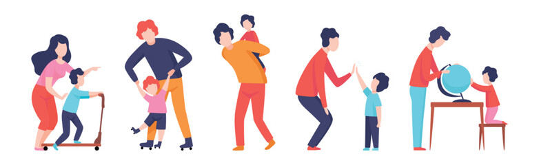 Mom, Dad and Little Son Spending Time Together Vector Set