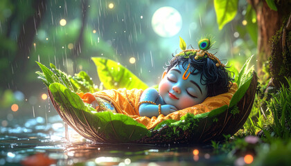 Sleeping Baby Krishna on Leaf in Rain – Peaceful Janmashtami Night Scene