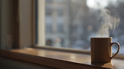 Cozy morning scene with a steaming ceramic coffee mug on a wooden windowsill, warm sunlight filtering through the haze, soft shadows, and ample space for text on the right