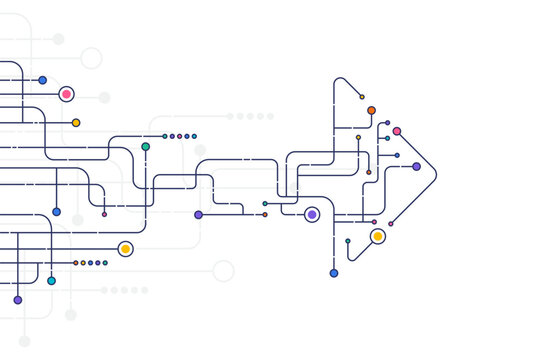 Complex arrow-shaped map with multicolor circuit lines and symbols, representing progress, connection, and strategic direction on minimal background.
