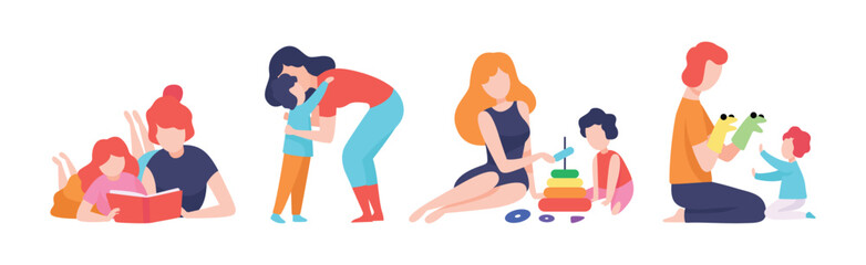 Mom, Dad and Little Kid Spending Time Together Vector Set
