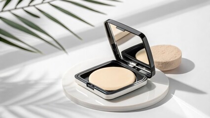 Close up of an open compact powder case with a mirror on a round white platform with leaf shadows