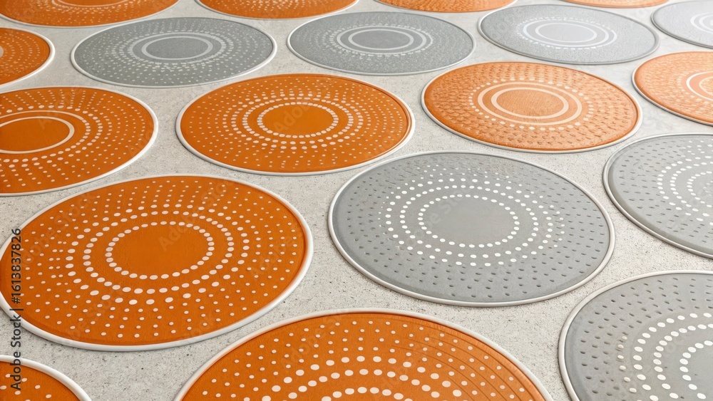 Aufkleber an overhead view of orange and gray circular patterned mats with white dots scattered around
