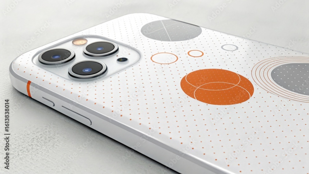 Poster close up of a white smartphone with a patterned case and three camera lenses on the back side