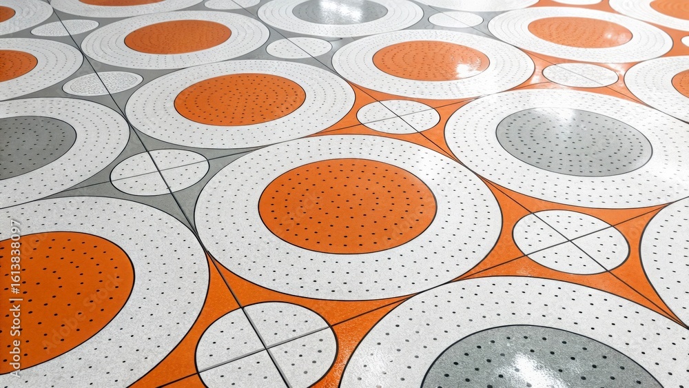 Poster a close up of a floor with orange and gray circles and white dots in a retro pattern design