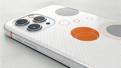 Fototapeta premium Close up of a white smartphone with a patterned case and three camera lenses on the back side