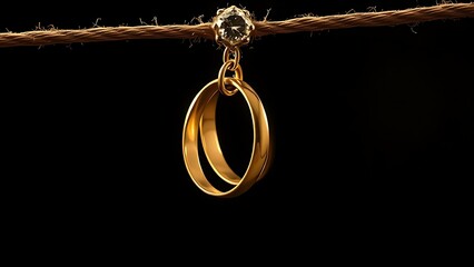 Shiny golden rings suspended against a dark background, highlighting an elegant jewelry arrangement.